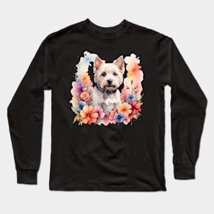 A west highland white terrier decorated with beautiful watercolor flowers Long Sleeve T-Shirt